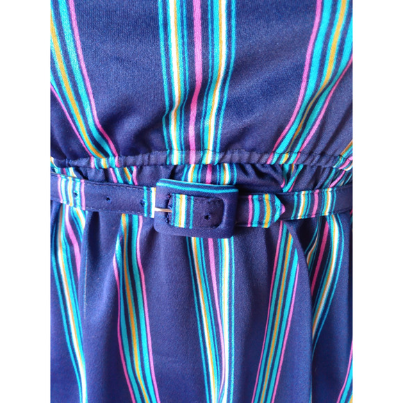 Vintage 70s 80s Sally Petites Blue Striped Belted Dress Sz 12 Fits 6/8 Modest - Picture 7 of 8